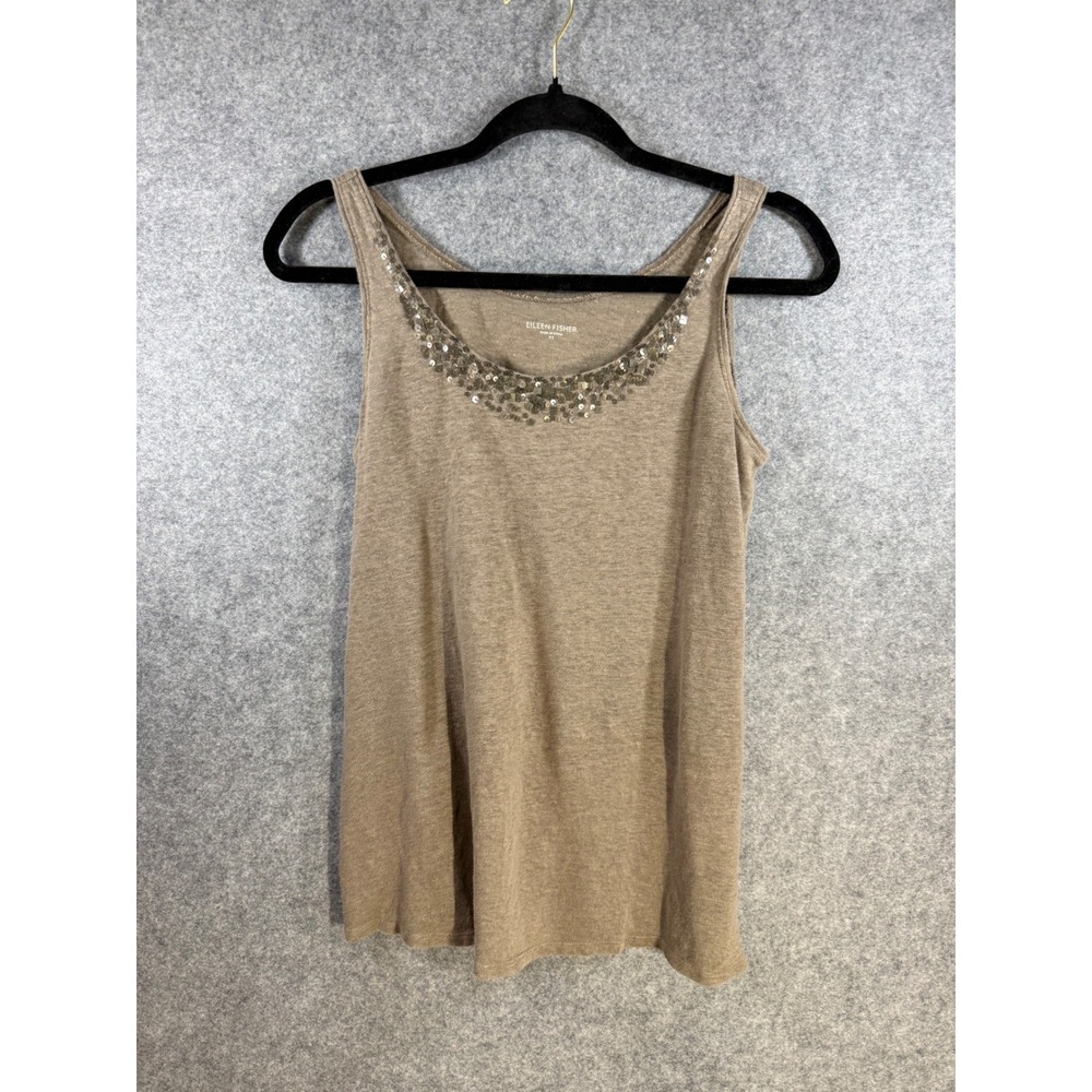 Eileen Fisher Womens XS Taupe Brown Sequin Embellished Scoop Neck Tank Top